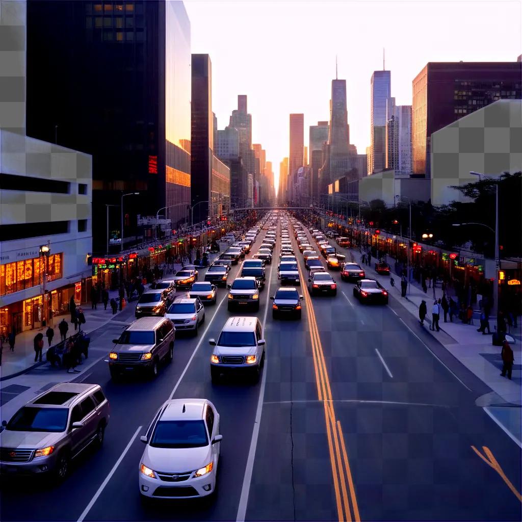 Downtown roadway with lots of cars and traffic lights