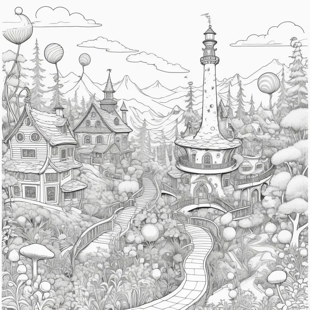 Dr. Seuss Coloring Page: Cartoon Land with Houses and Trees