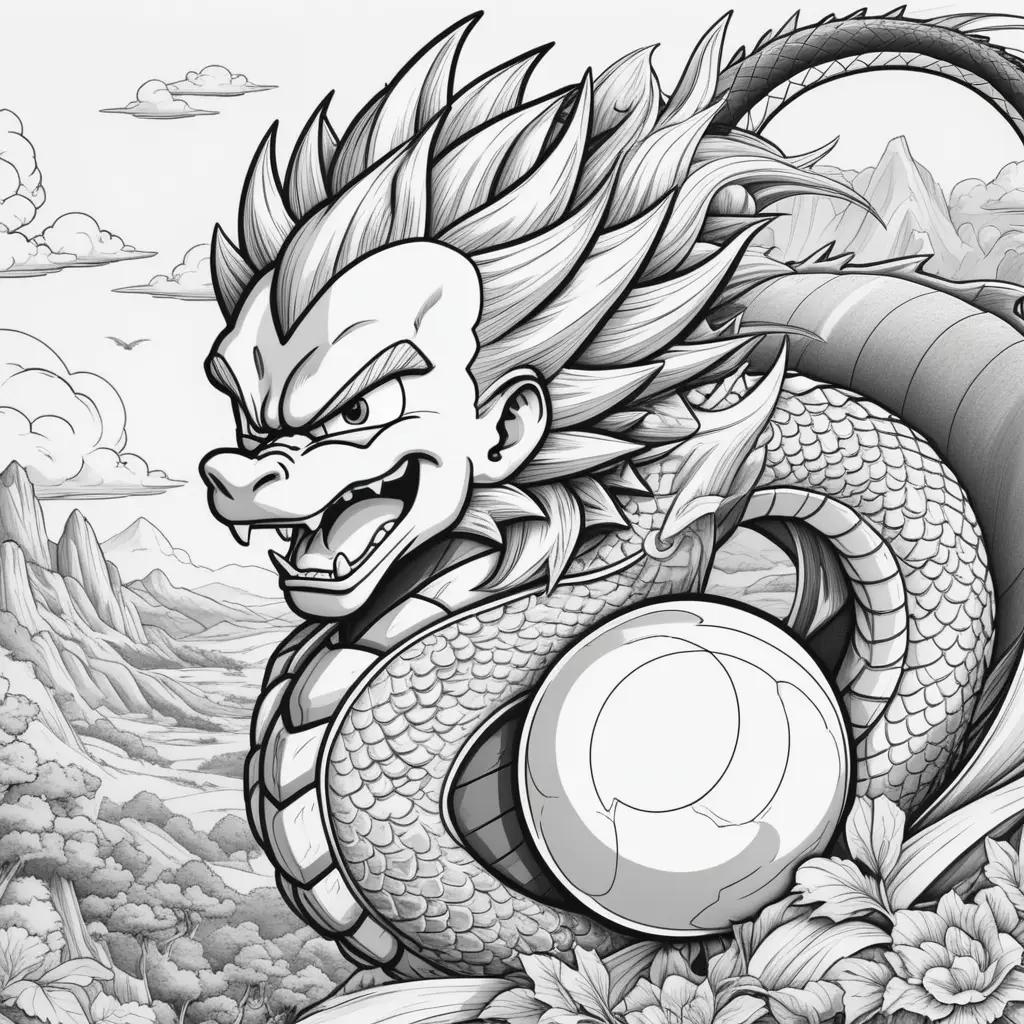 Dragon Ball color pages with a black and white drawing of a dragon