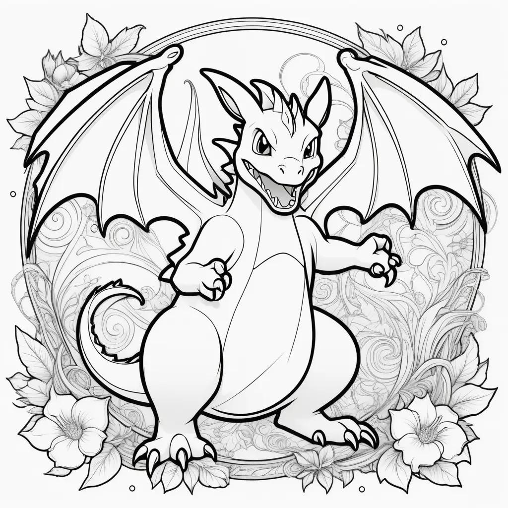 Dragon Coloring Page with Charizard and Flowers