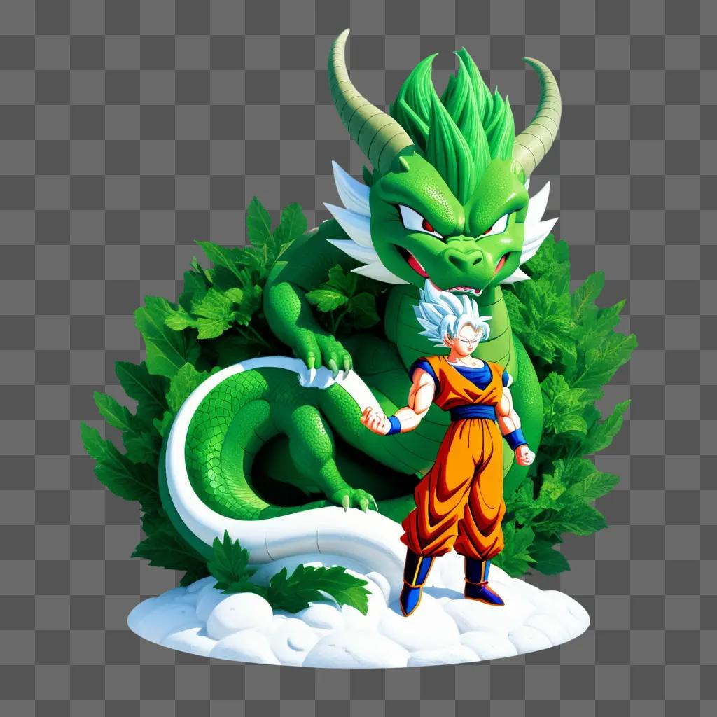 Dragon ball character stands with green dragon