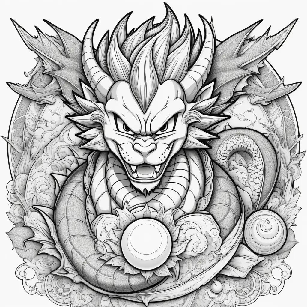 Dragon ball coloring pages featuring a fierce dragon with a large eye and a ball in its mouth