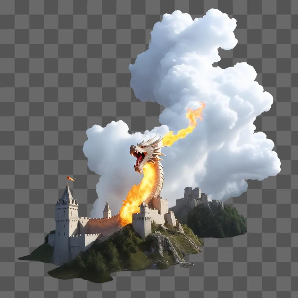 Dragon breathing fire on a castle island