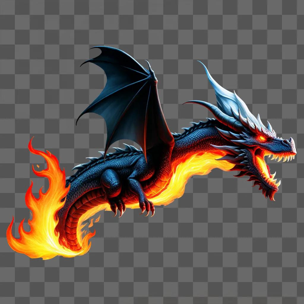 Dragon breathing fire with wings and mouth open