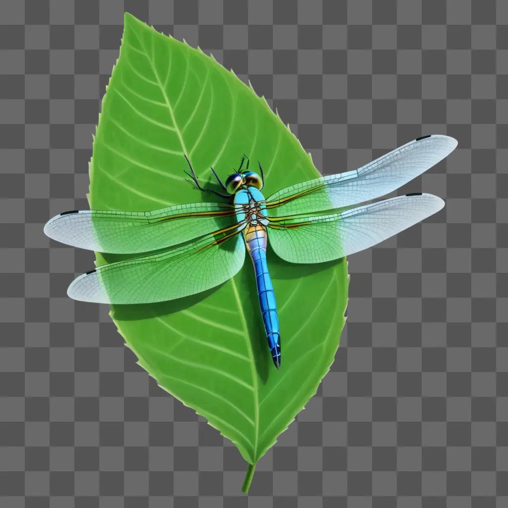 Dragonfly on green leaf against a green background