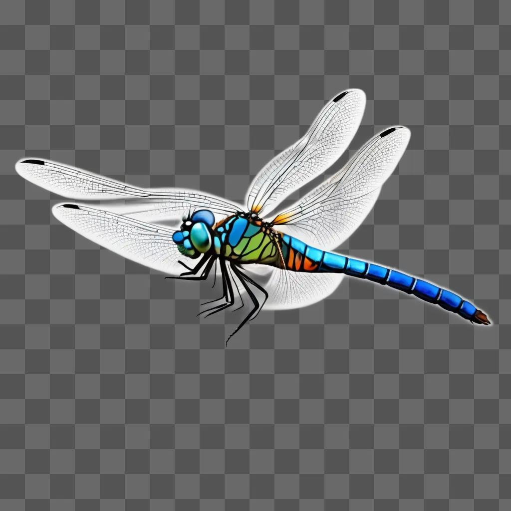 Dragonfly with blue wings on a side view