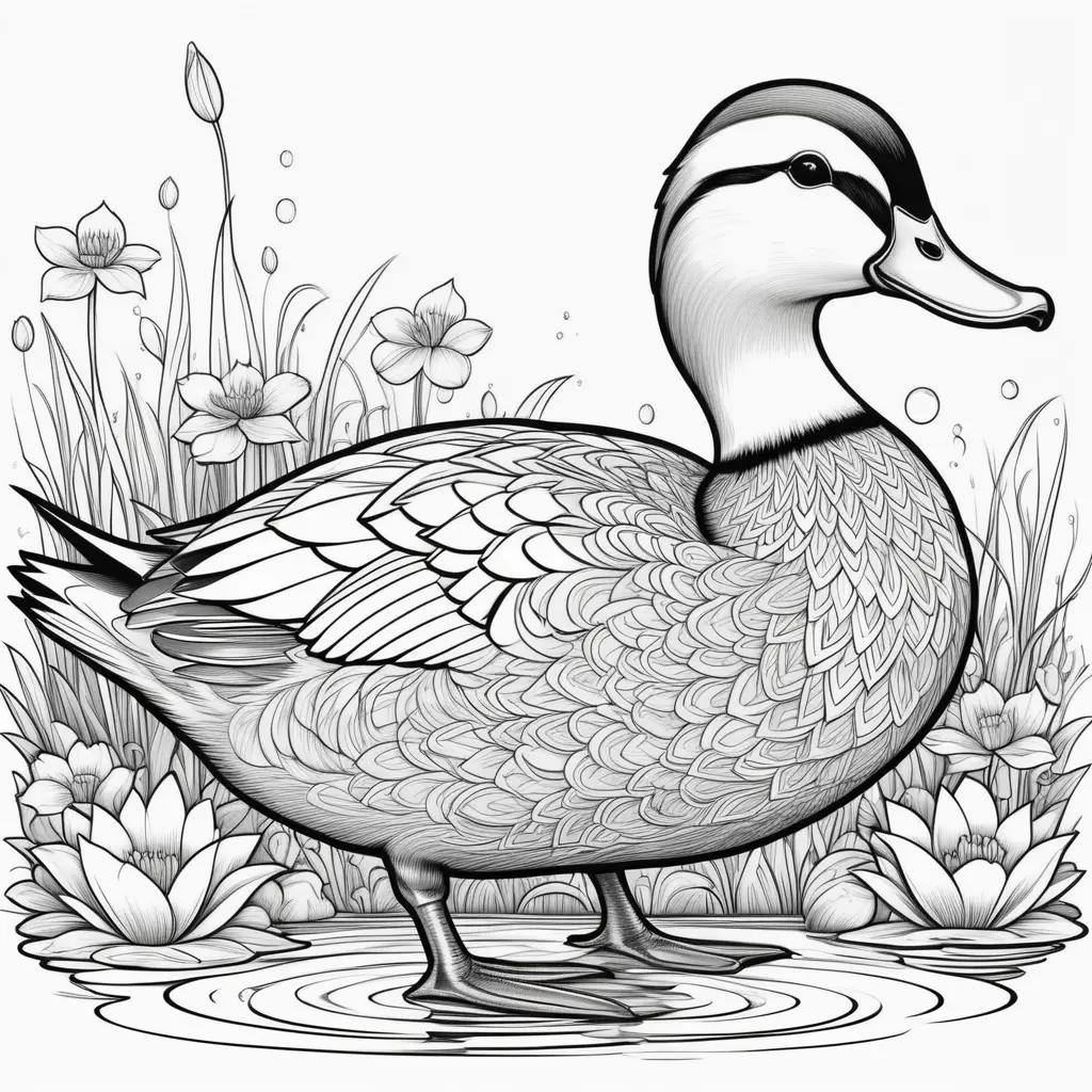 Drawn duck coloring pages with water and flowers