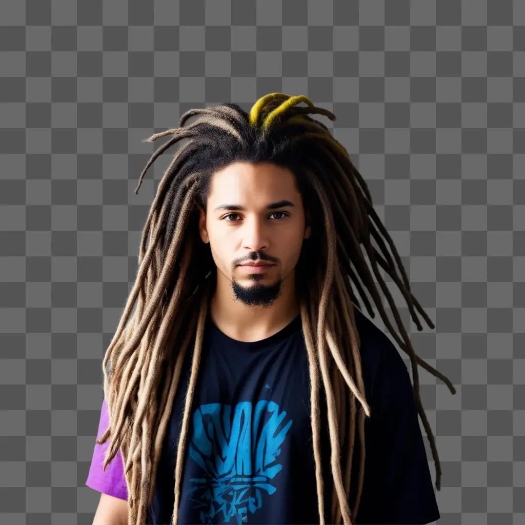 Dreadlocks on a man with a purple shirt