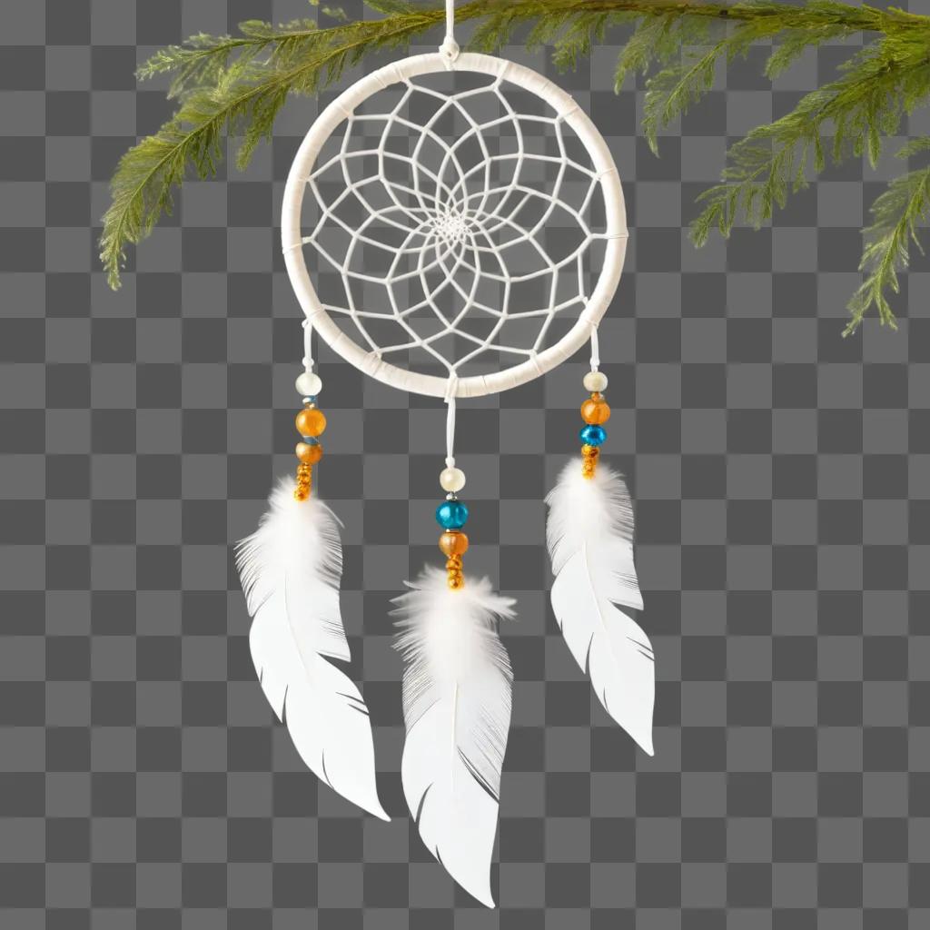 Dream catcher with beads and feathers, on a branch