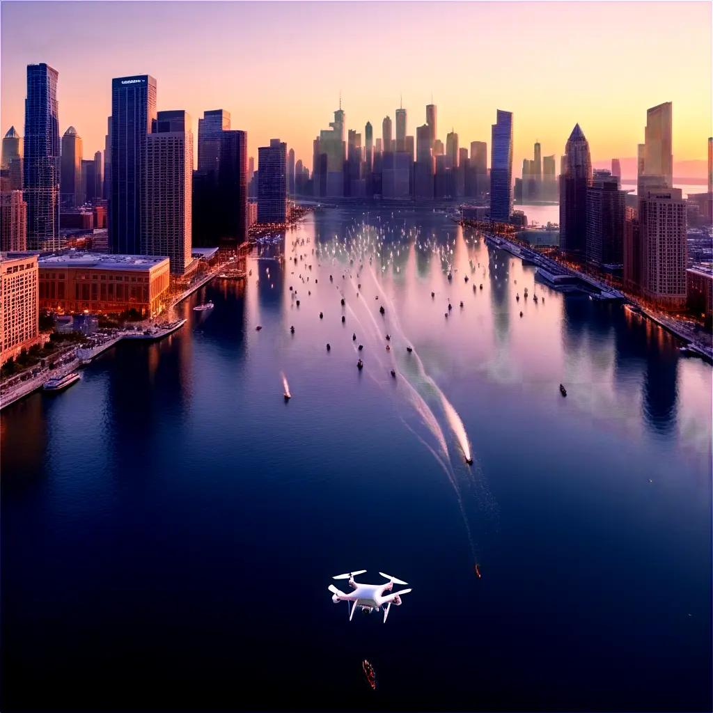 Drone captures city in motion at sunset