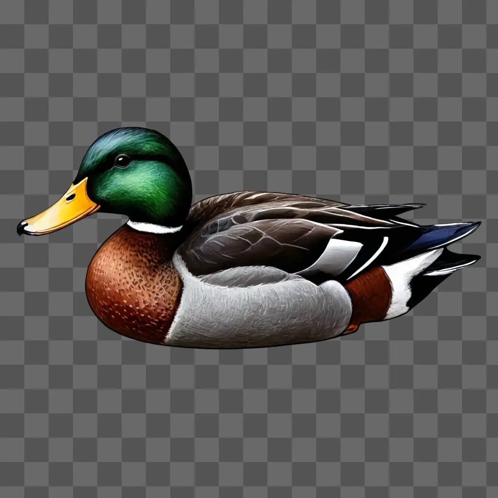 Duck drawing with colour on grey background