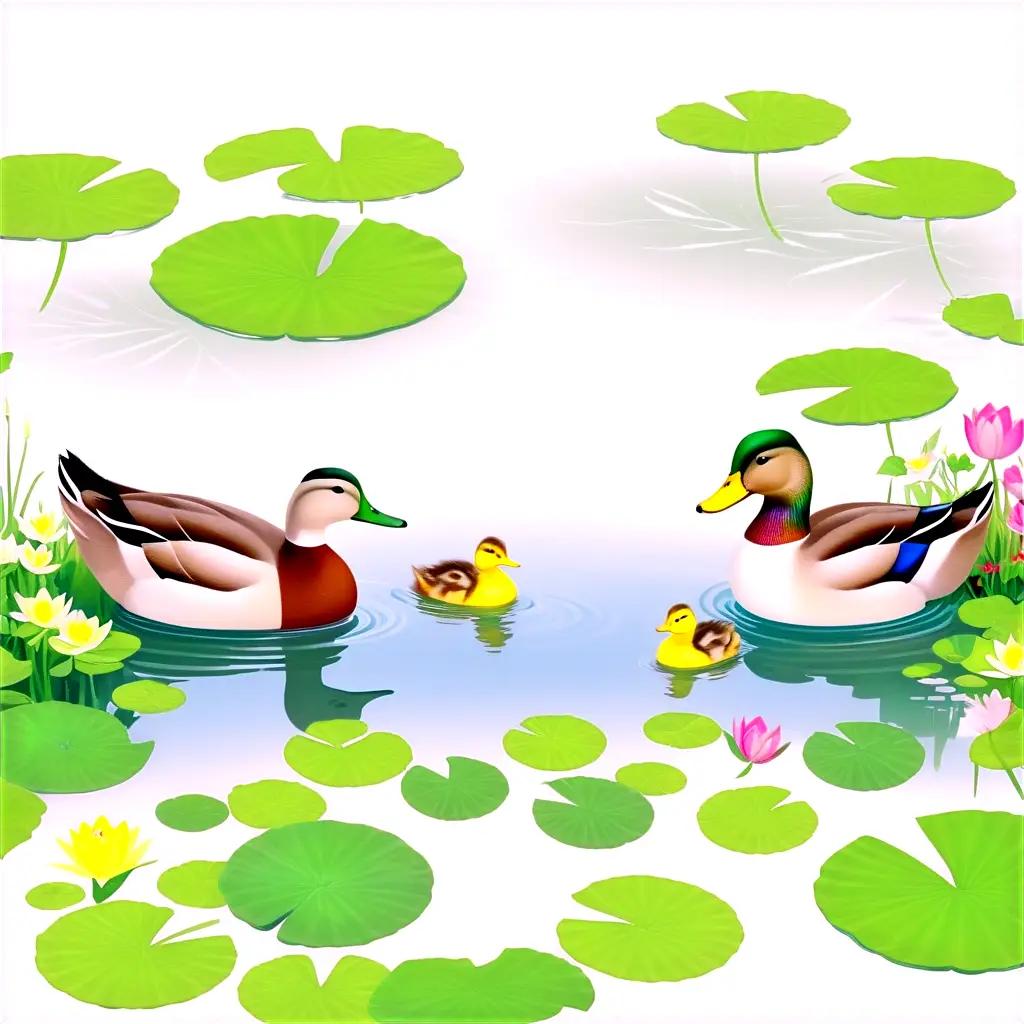 Ducks float on pond with lily pads and water lilies