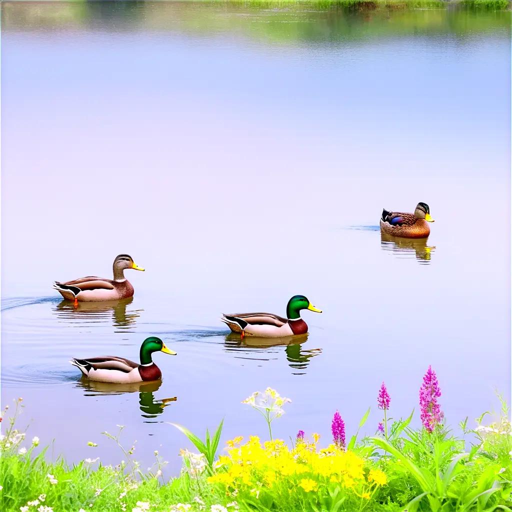 Ducks swim in a serene lake, surrounded by colorful flowers