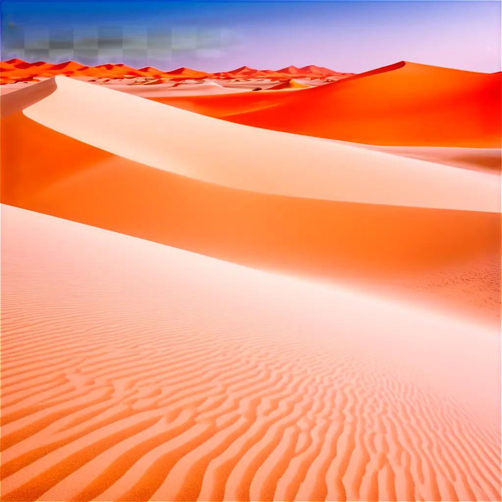 Dunes in the desert with orange hues and a clear sky