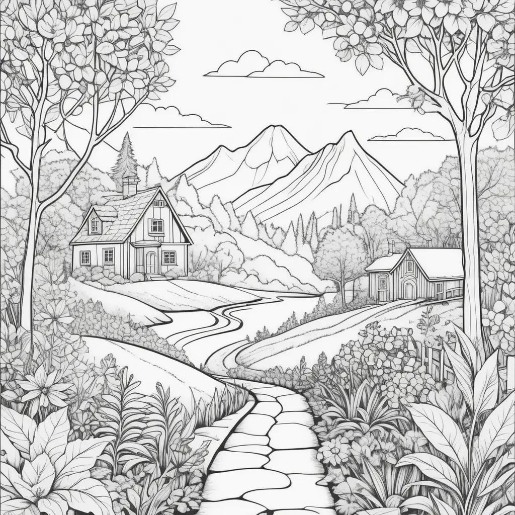 EASY COLORING PAGES: A cartoon of a house in a forest with mountains