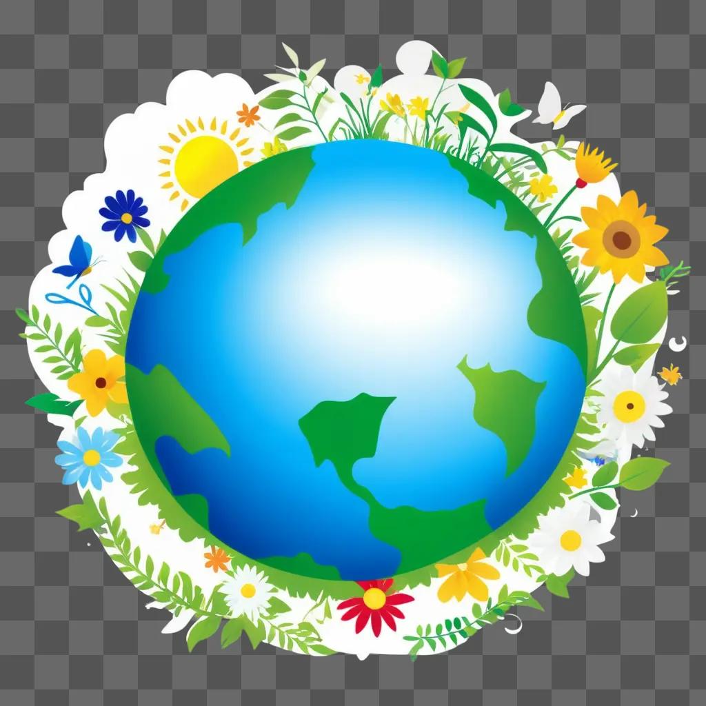 Earth Day Clipart of a green globe surrounded by flowers