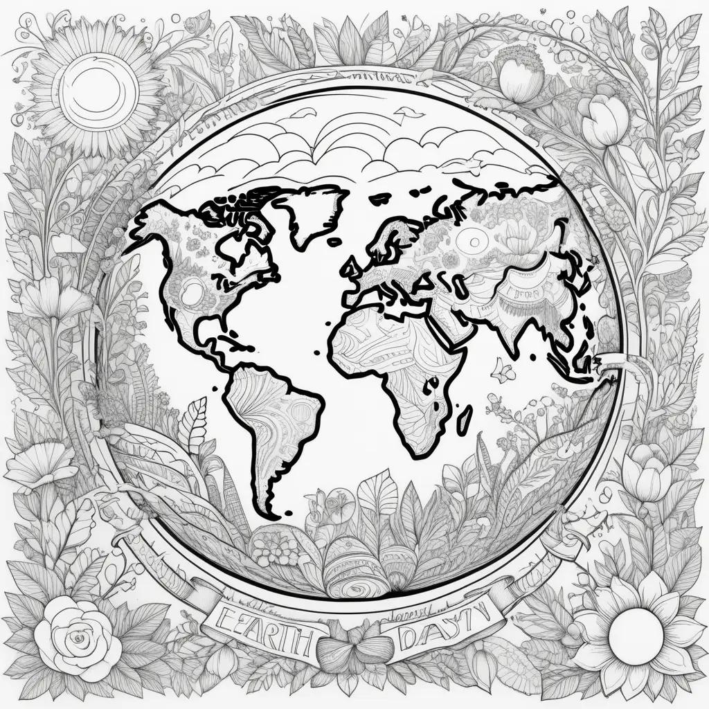 Earth Day Coloring Pages: A Beautiful World Map with Flowers and Leaves