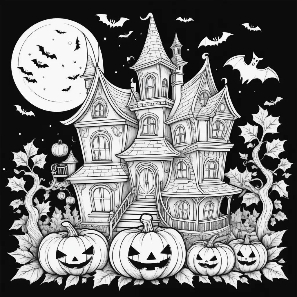 Easily colorable Halloween scene with pumpkins and bats