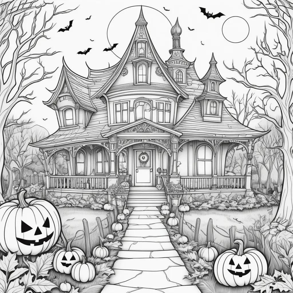 Easily colored Halloween house and pumpkins