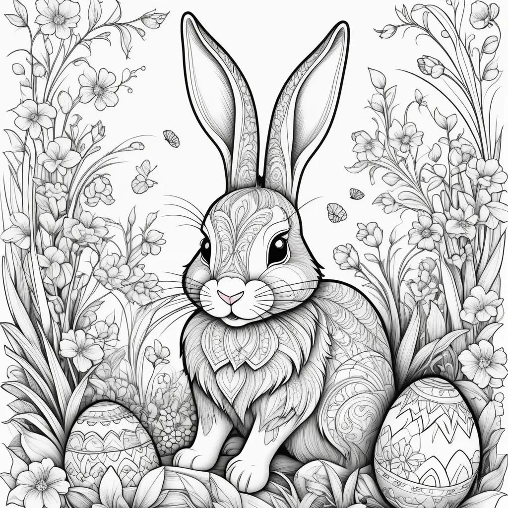 Easter Bunny Coloring Page with Doodles and Flowers