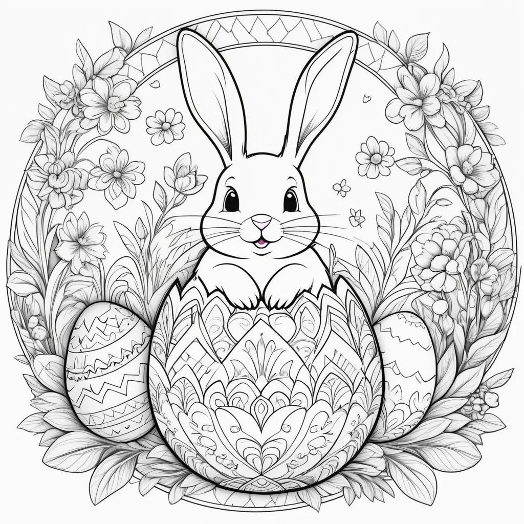 Easter Bunny Coloring Page with Easter Eggs and Flowers