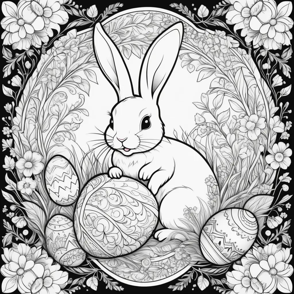 Easter Bunny Coloring Page with Easter Eggs and Flowers