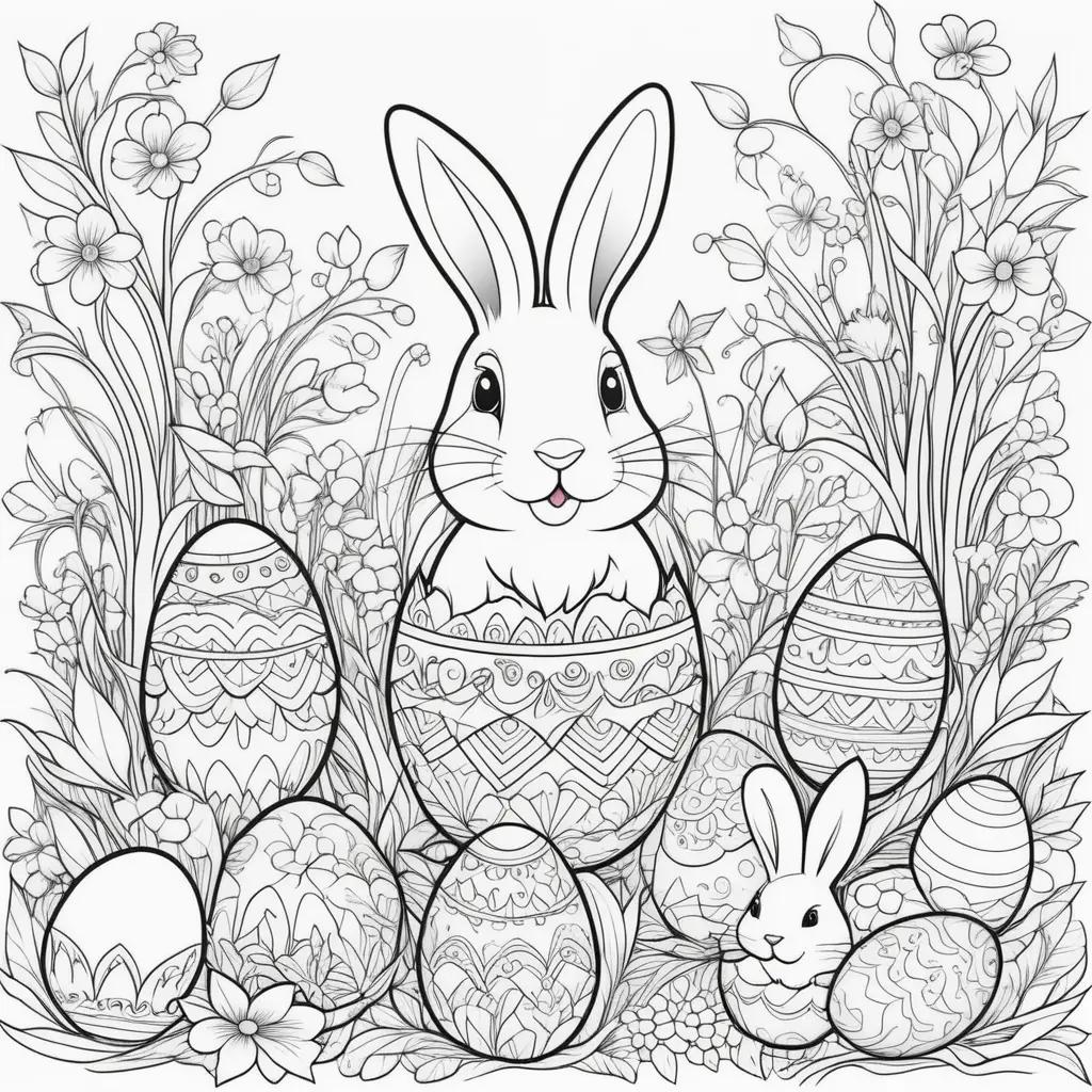 Easter Bunny Coloring Page with Easter Eggs and Flowers