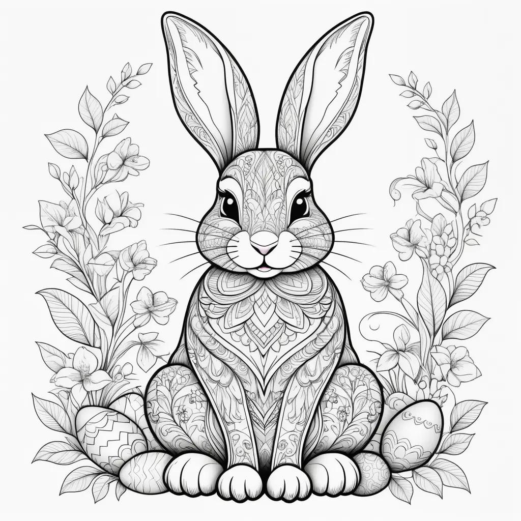 Easter Bunny Coloring Page with Floral Design and Eggs