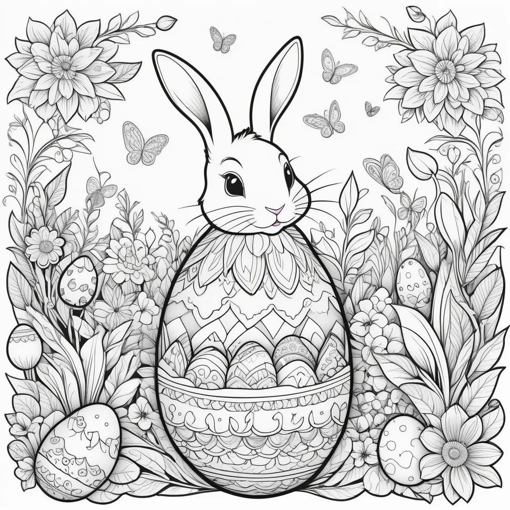 Easter Bunny Coloring Page with Flowers