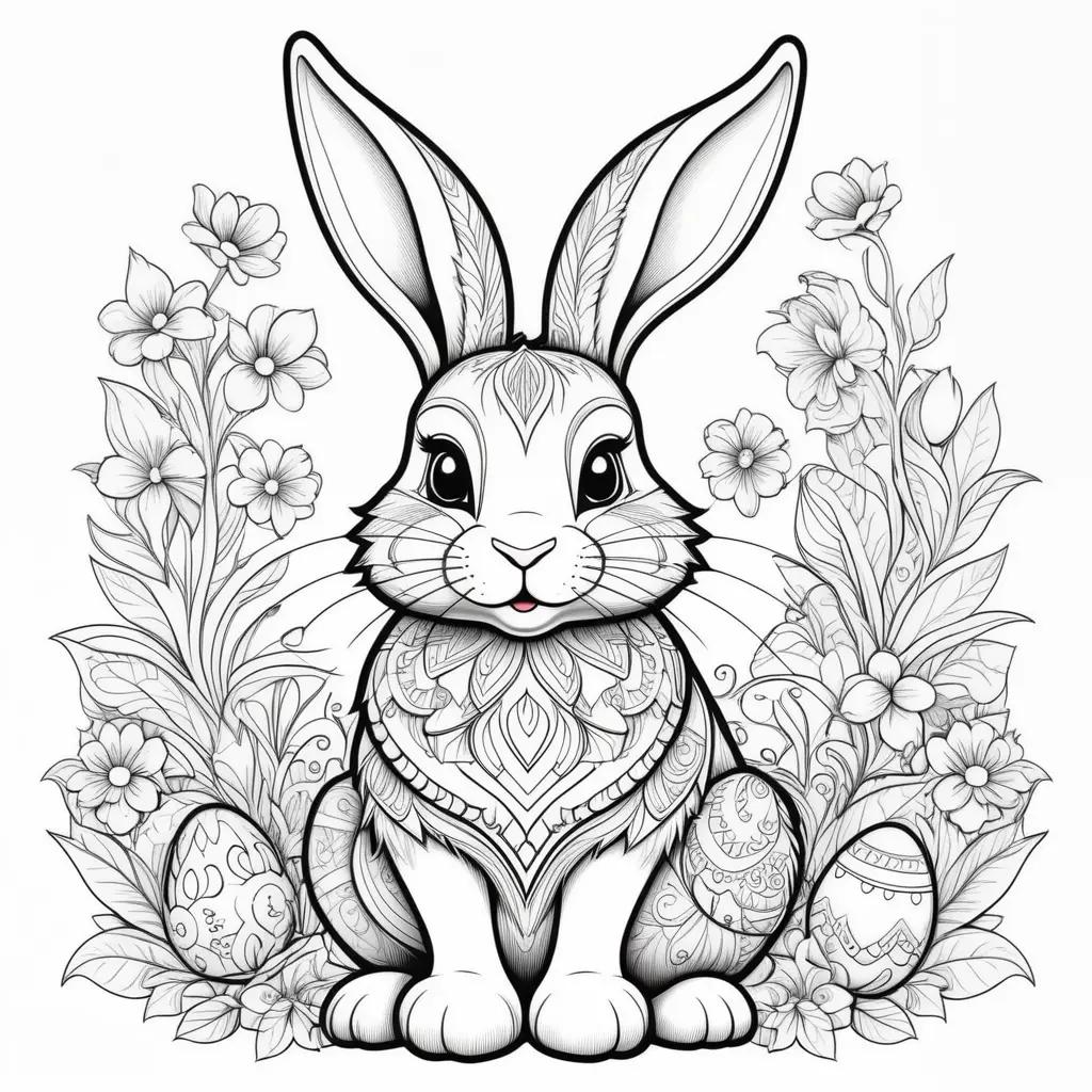 Easter Bunny Coloring Pages With Flowers and Eggs