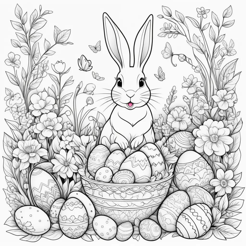 Easter Bunny Coloring Pages with Easter Eggs and Flowers