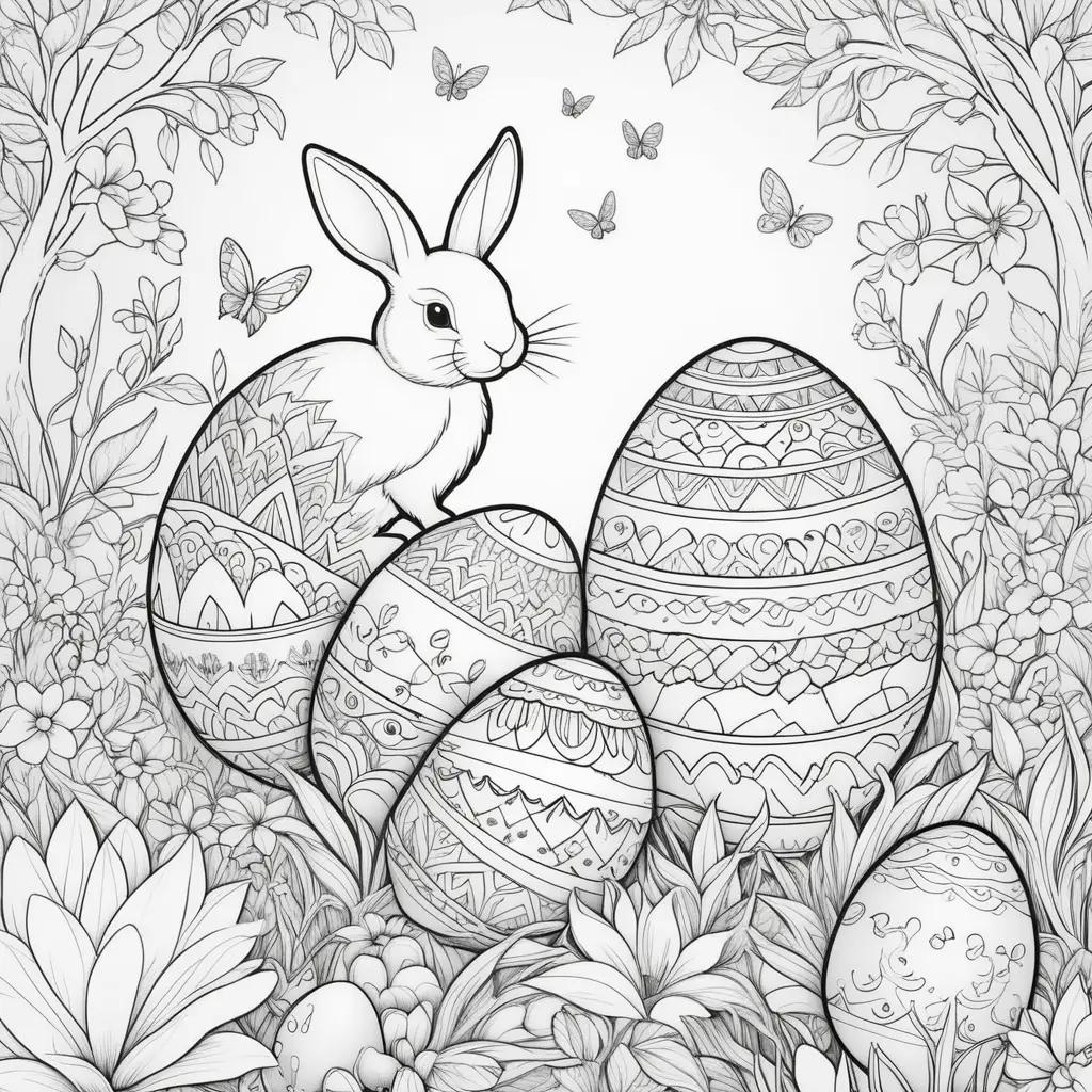 Easter Bunny and eggs in a floral background with butterflies