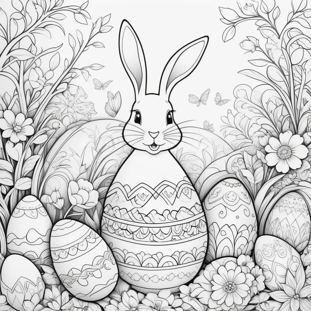 Easter Bunny coloring page with eggs and flowers