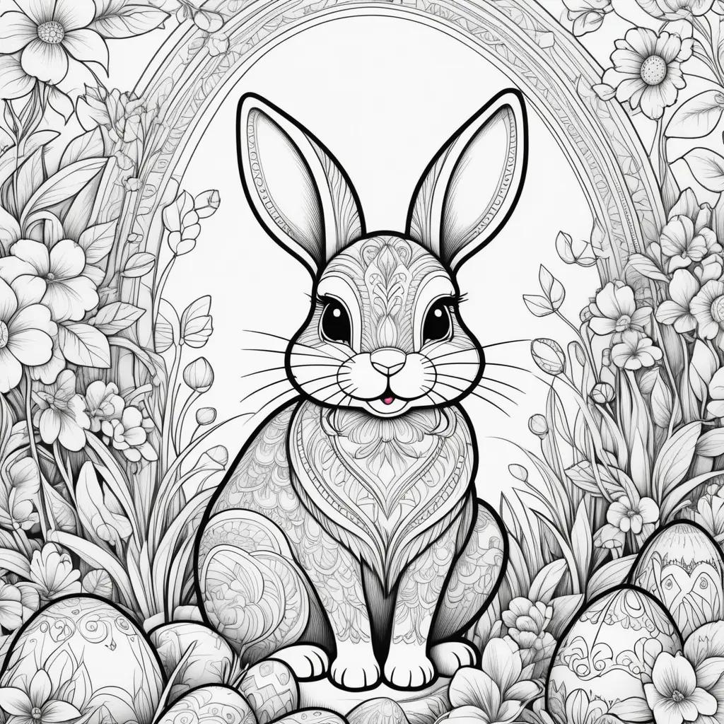 Easter bunny coloring page with flowers and eggs