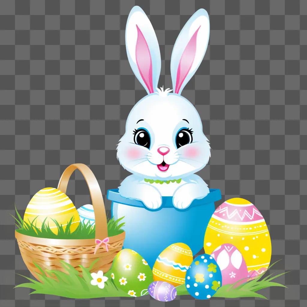 Easter bunny with basket of eggs in green background