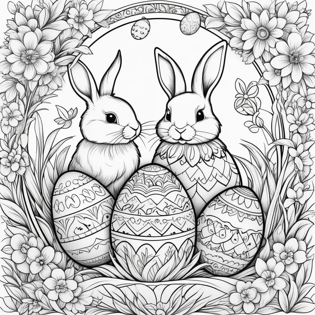 イースターのぬりえ:ウサギ、卵、花