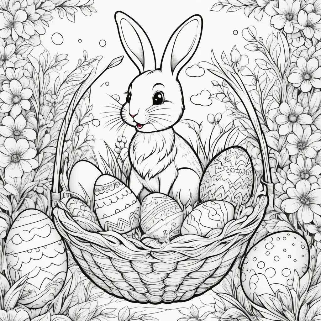 Easter coloring pages featuring a basket of eggs and a bunny