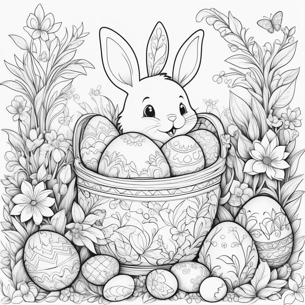 Easter coloring pages featuring a bunny and decorated eggs