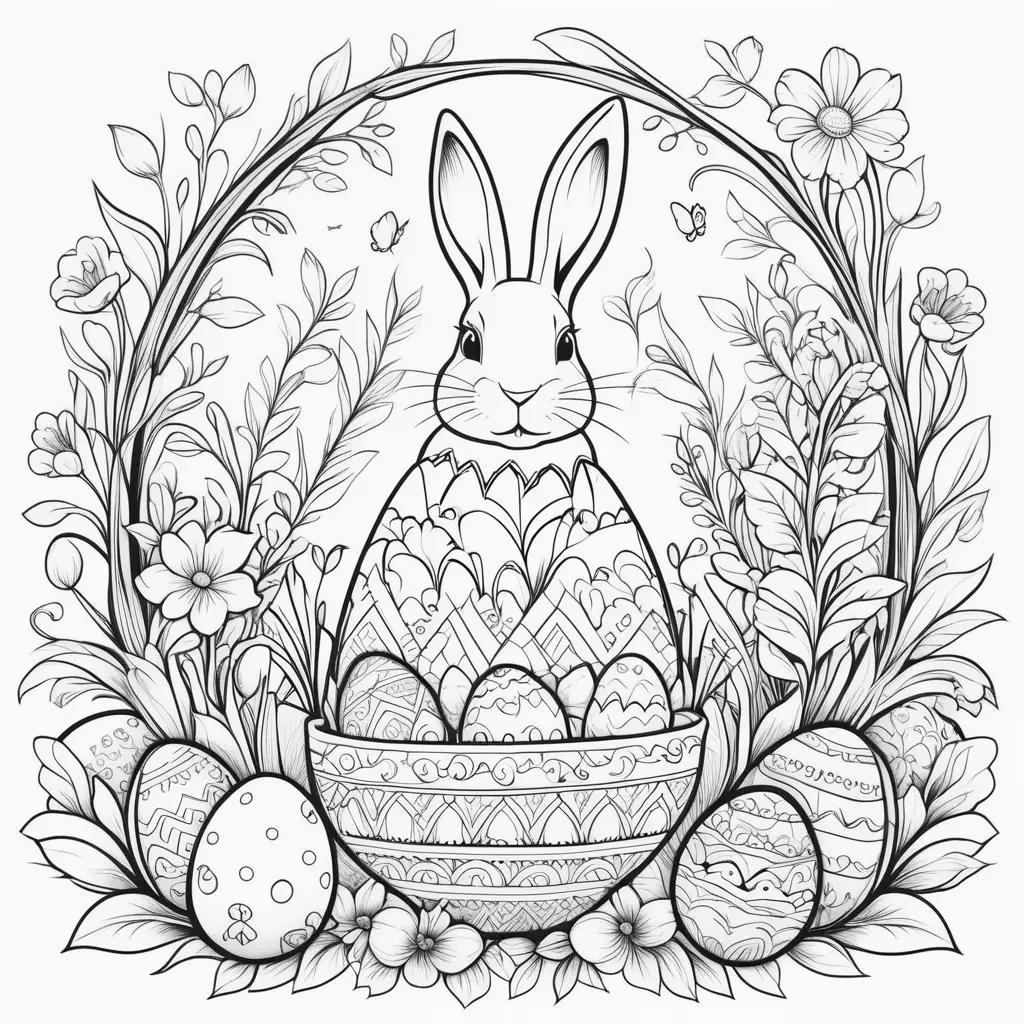 Easter coloring pages featuring a bunny and eggs in a basket