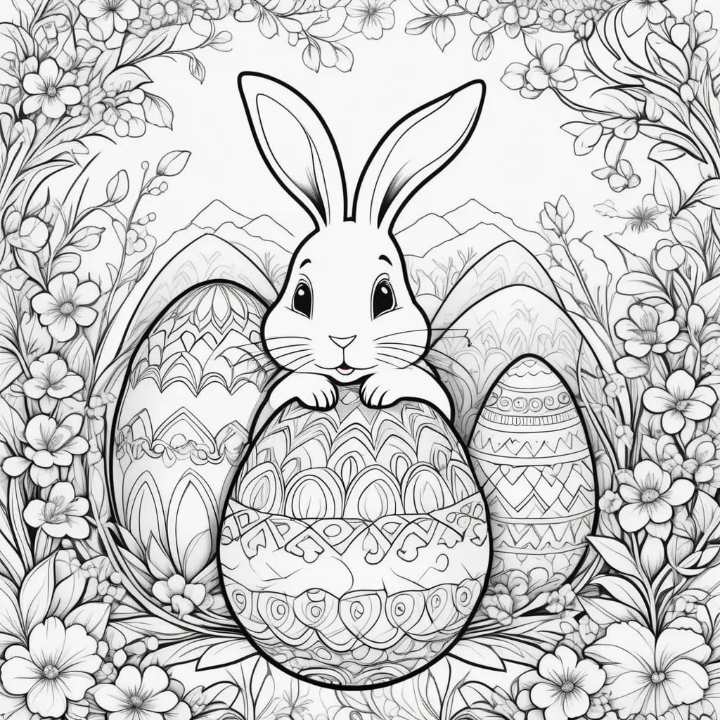 Easter coloring pages featuring a bunny and eggs with detailed patterns