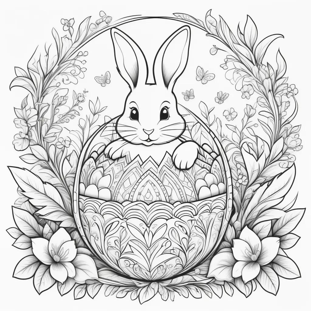 Easter coloring pages featuring a bunny and flowers