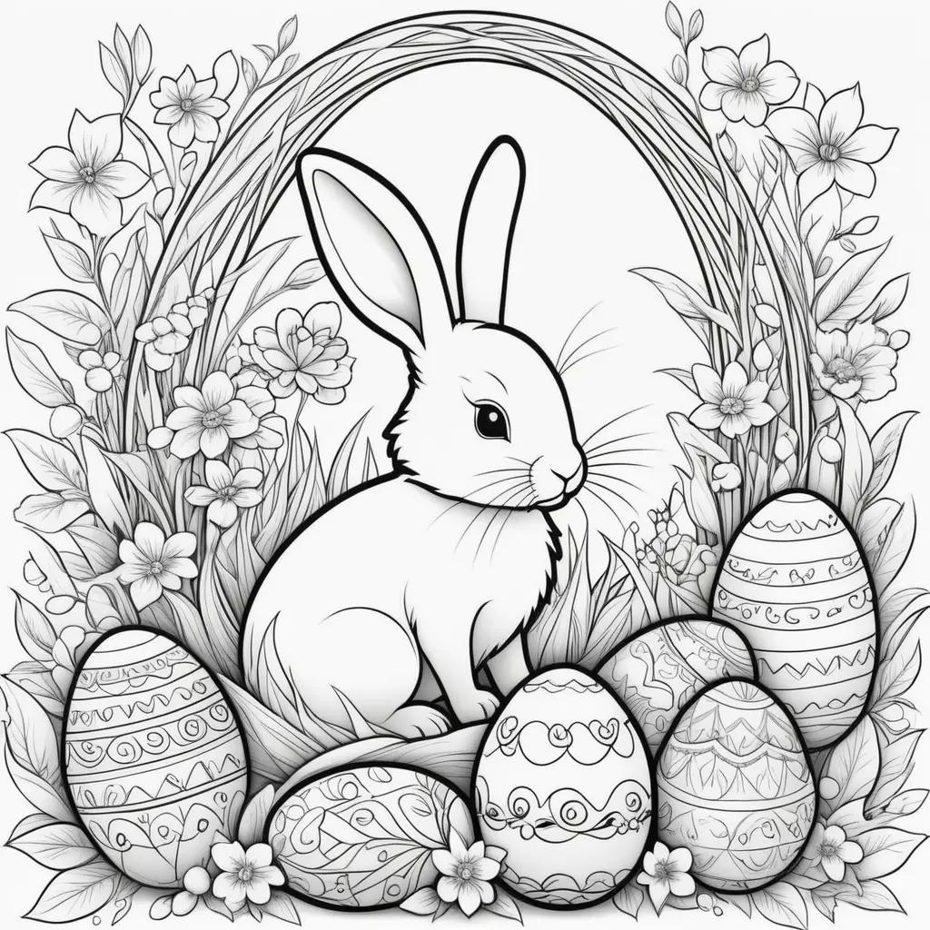 ウサギと色とりどりの卵が描かれたイースターのぬりえ