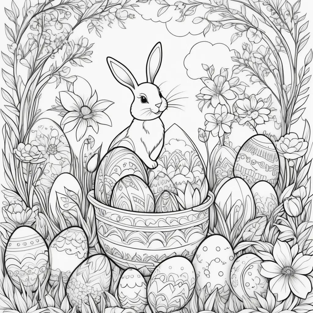 Easter coloring pages featuring a rabbit and eggs