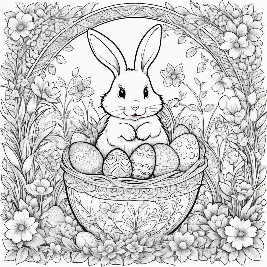 Easter coloring pages featuring a rabbit and eggs in a basket