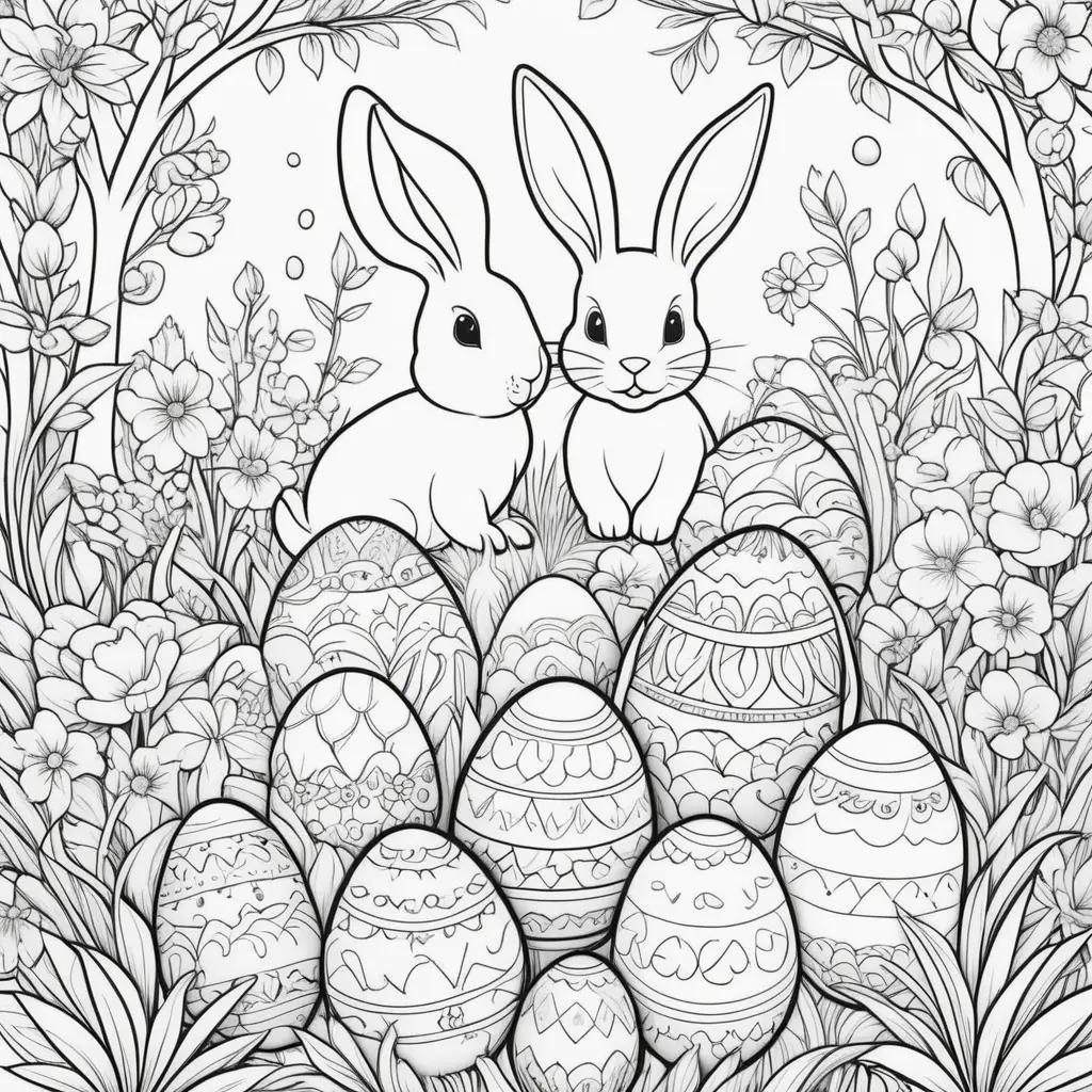 Easter coloring pages featuring bunnies and eggs