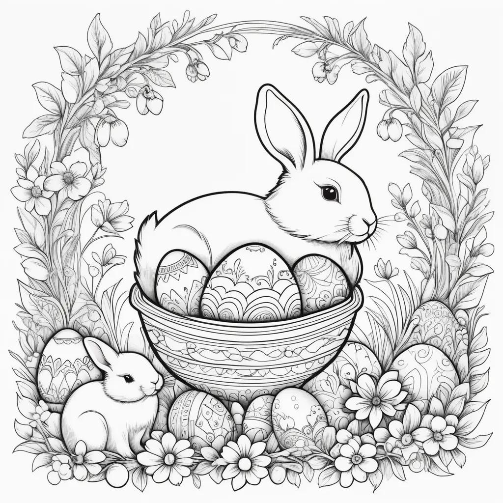 Easter coloring pages with a rabbit and eggs