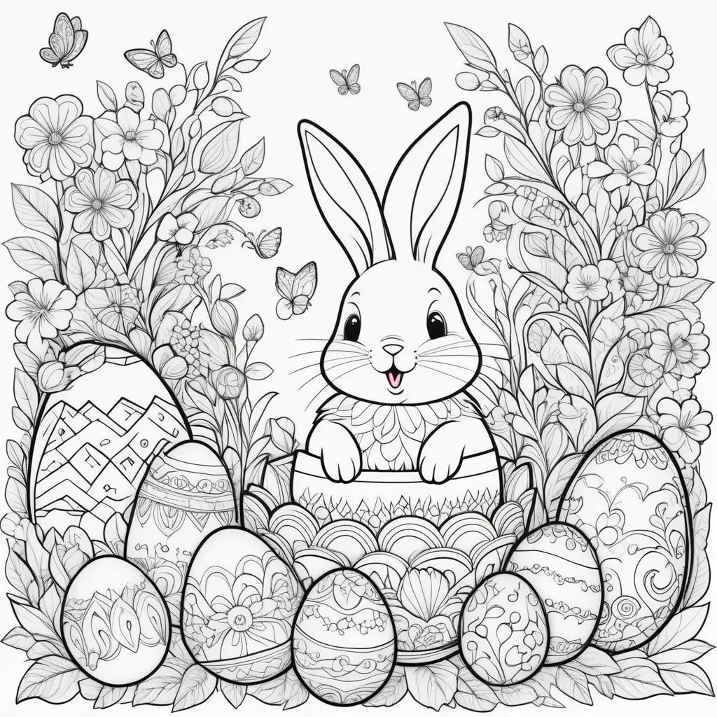 Easter coloring pages with bunny, eggs, flowers and butterflies