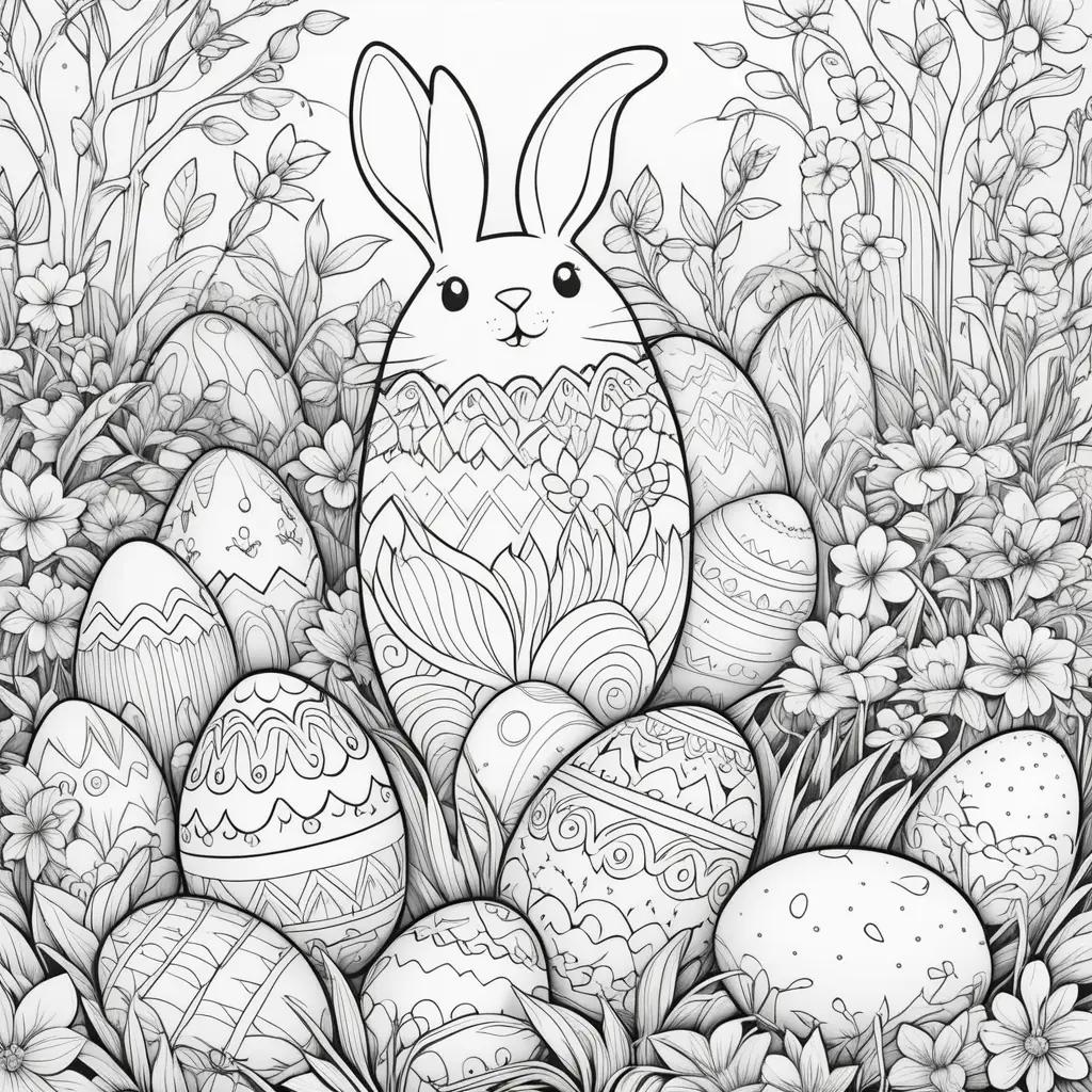 Easter coloring pages with bunny, eggs and flowers