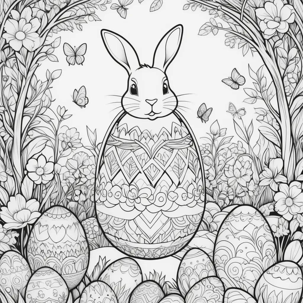 Easter coloring pages with rabbits and flowers