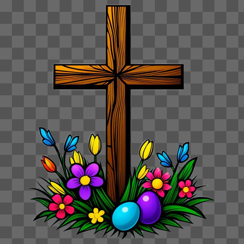 Easter cross and Easter eggs on a brown background